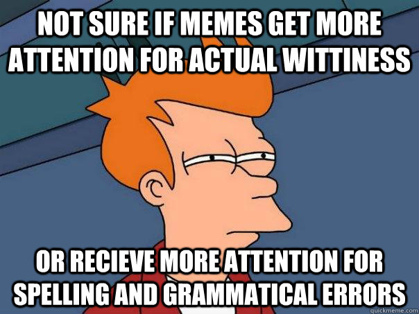 Not sure if memes get more attention for actual wittiness Or recieve more attention for spelling and grammatical errors  Futurama Fry