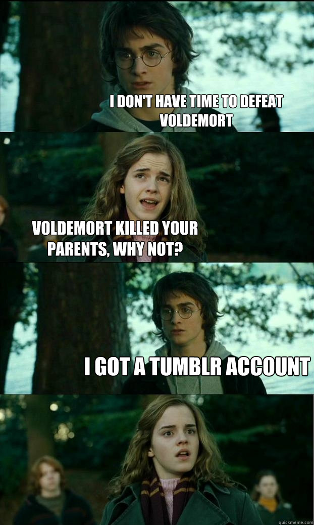 I don't have time to defeat voldemort Voldemort killed your parents, WHY NOT? I got a tumblr account  Horny Harry