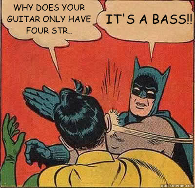 WHY DOES YOUR GUITAR ONLY HAVE FOUR STR.. IT'S A BASS!!  Batman Slapping Robin
