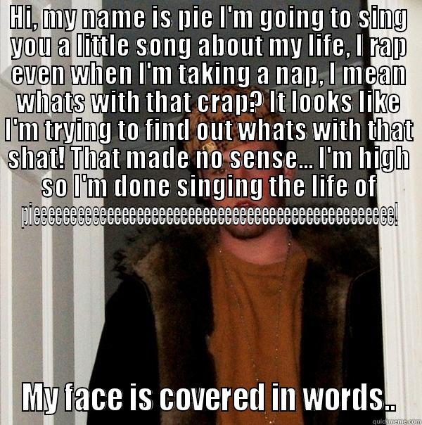 HI, MY NAME IS PIE I'M GOING TO SING YOU A LITTLE SONG ABOUT MY LIFE, I RAP EVEN WHEN I'M TAKING A NAP, I MEAN WHATS WITH THAT CRAP? IT LOOKS LIKE I'M TRYING TO FIND OUT WHATS WITH THAT SHAT! THAT MADE NO SENSE... I'M HIGH SO I'M DONE SINGING THE LIFE OF  MY FACE IS COVERED IN WORDS.. Scumbag Steve