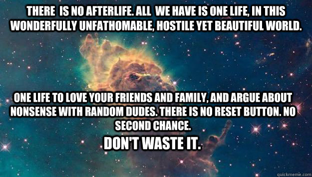 There  is no Afterlife. All  we have is one life, in this wonderfully unfathomable, hostile yet beautiful world. One life to love your friends and family, and argue about nonsense with random dudes. There is no reset button. no second chance.  Don't waste  