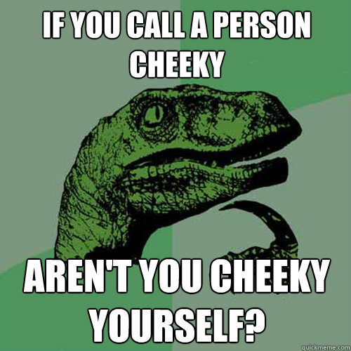 If you call a person cheeky Aren't you cheeky yourself? - If you call a person cheeky Aren't you cheeky yourself?  Philosoraptor