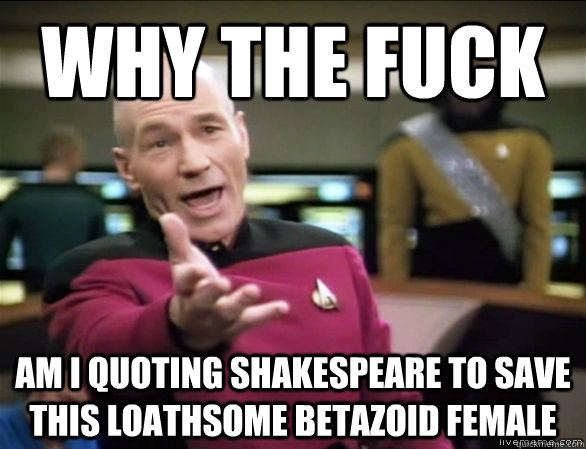 why the fuck am i quoting Shakespeare to save this loathsome betazoid female  Annoyed Picard HD