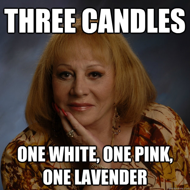 Three candles One white, one pink, one lavender    Bullshit Psychic