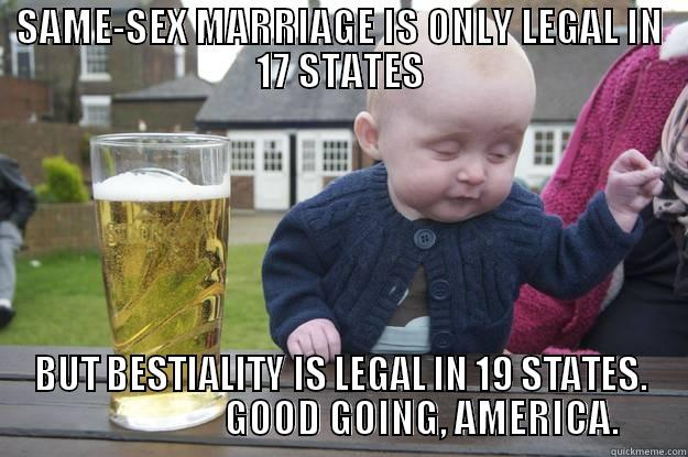 SAME-SEX MARRIAGE IS ONLY LEGAL IN 17 STATES BUT BESTIALITY IS LEGAL IN 19 STATES.                      GOOD GOING, AMERICA. drunk baby