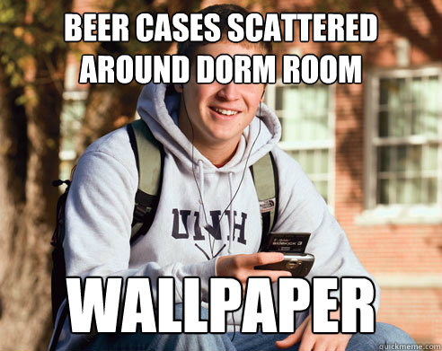 beer cases scattered around dorm room wallpaper  College Freshman
