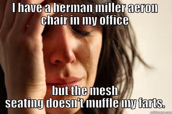 I HAVE A HERMAN MILLER AERON CHAIR IN MY OFFICE BUT THE MESH SEATING DOESN'T MUFFLE MY FARTS. First World Problems