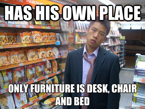 Has his own place only furniture is desk, chair and bed  Disenchanted Young Professional