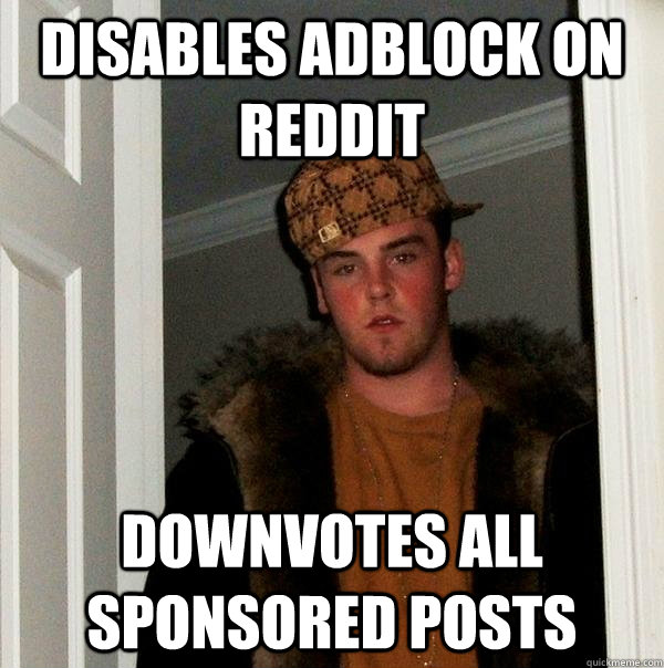 Disables adblock on reddit Downvotes all sponsored posts  Scumbag Steve