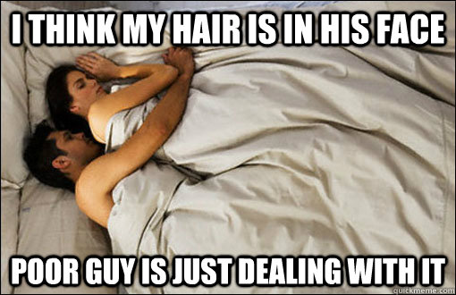 I think my hair is in his face Poor guy is just dealing with it  spooning couple