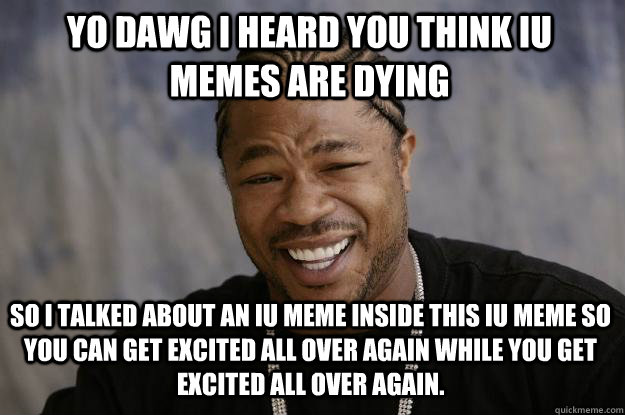 YO DAWG I HEARd YOU think iu memes are dying so I talked about an iu meme inside this iu meme so you can get excited all over again while you get excited all over again.  Xzibit meme