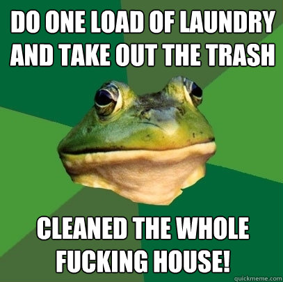 Do one load of laundry and take out the trash Cleaned the whole fucking house!  Foul Bachelor Frog