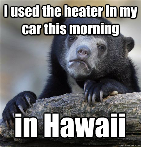 I used the heater in my car this morning in Hawaii  Confession Bear