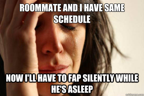 Roommate and I have same schedule Now I'll have to fap silently while he's asleep  First World Problems