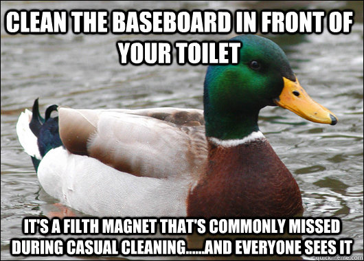 Clean the baseboard in front of your toilet It's a filth magnet that's commonly missed during casual cleaning......and everyone sees it  Actual Advice Mallard