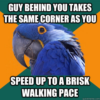 Guy behind you takes the same corner as you speed up to a brisk walking pace  Paranoid Parrot