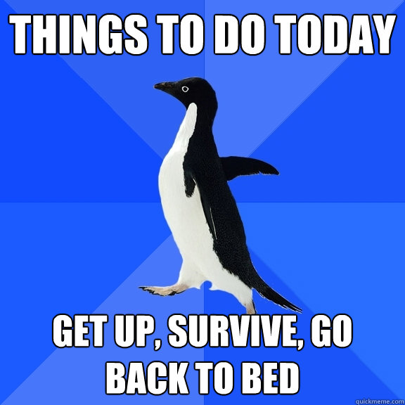 things to do today get up, survive, go back to bed  Socially Awkward Penguin