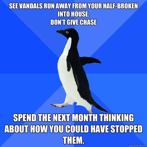see vandals run away from your half-broken into house.
don't give chase spend the next month thinking about how you could have stopped them.  Socially Awkward Penguin