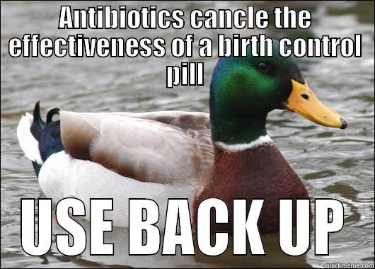 ANTIBIOTICS CANCLE THE EFFECTIVENESS OF A BIRTH CONTROL PILL USE BACK UP Actual Advice Mallard