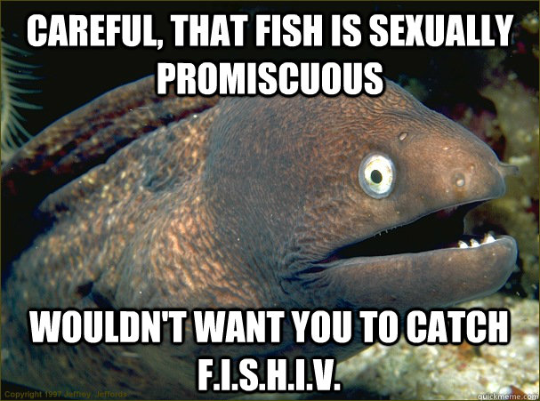 Careful, that fish is sexually promiscuous Wouldn't want you to catch f.i.s.h.i.v.  Bad Joke Eel