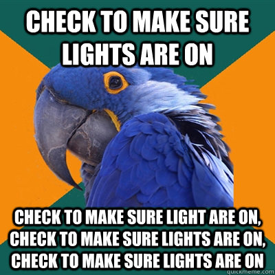 Check to make sure lights are on check to make sure light are on, check to make sure lights are on, check to make sure lights are on  Paranoid Parrot