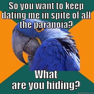 SO YOU WANT TO KEEP DATING ME IN SPITE OF ALL THE PARANOIA? WHAT ARE YOU HIDING? Paranoid Parrot