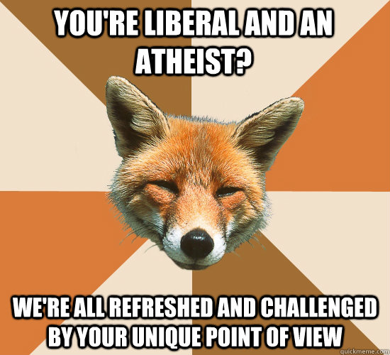 you're liberal and an atheist? we're all refreshed and challenged by your unique point of view  Condescending Fox