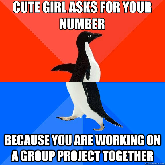 cute girl asks for your number because you are working on a group project together  Socially Awesome Awkward Penguin