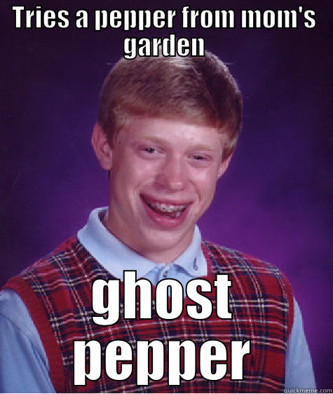 TRIES A PEPPER FROM MOM'S GARDEN GHOST PEPPER Bad Luck Brian
