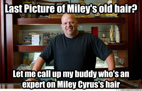 Last Picture of Miley's old hair? Let me call up my buddy who's an expert on Miley Cyrus's hair  Pwned Pawn Stars