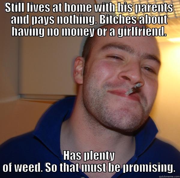 STILL LIVES AT HOME WITH HIS PARENTS AND PAYS NOTHING. BITCHES ABOUT HAVING NO MONEY OR A GIRLFRIEND. HAS PLENTY OF WEED. SO THAT MUST BE PROMISING. Good Guy Greg 