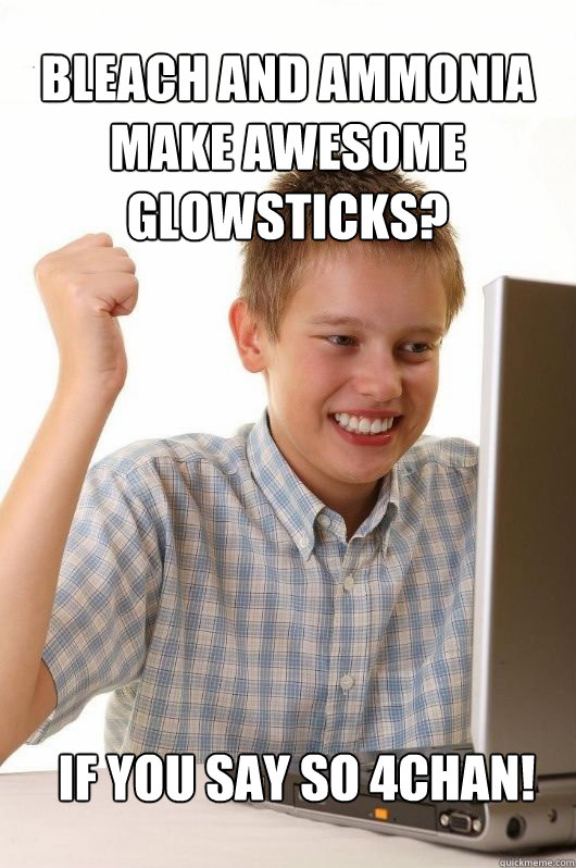 Bleach and Ammonia make awesome glowsticks? If you say so 4Chan!  First Day on the Internet Kids First Meme