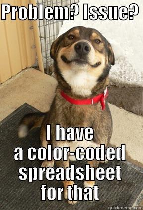 PROBLEM? ISSUE?  I HAVE A COLOR-CODED SPREADSHEET FOR THAT Good Dog Greg