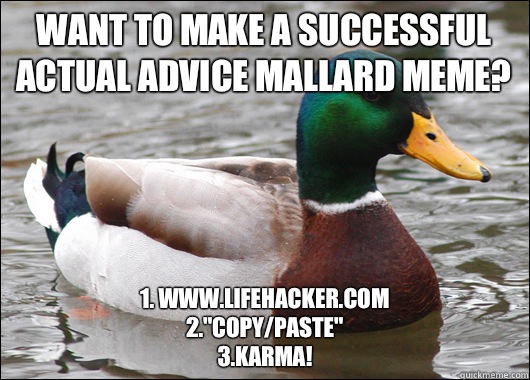 Want to make a successful Actual Advice Mallard meme? 1. www.lifehacker.com
2.
