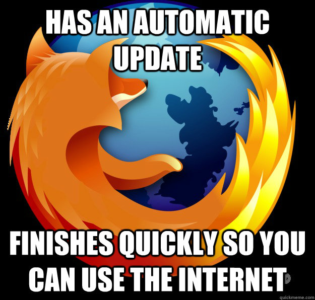 Has an automatic update Finishes quickly so you can use the internet  Good Guy Firefox