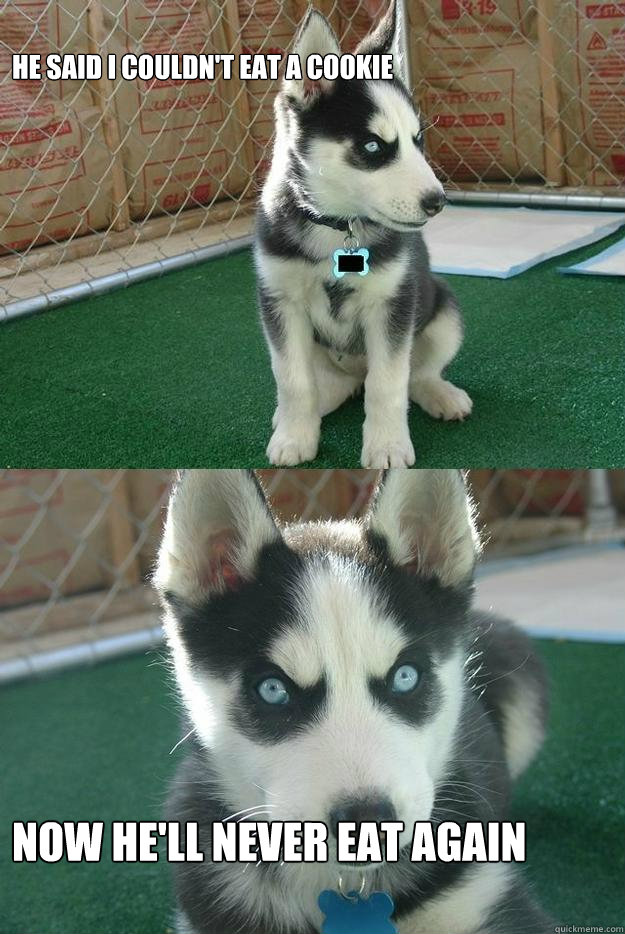 He said i couldn't eat a cookie



 
Now he'll never eat again  Insanity puppy