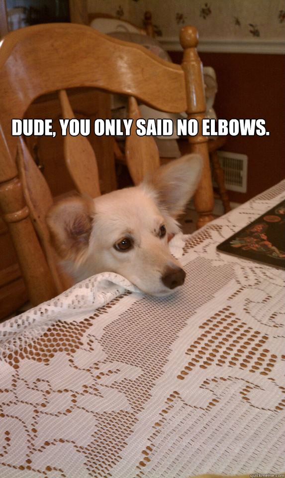 

  DUDE, YOU ONLY SAID NO ELBOWS.  dUDE, YOU ONLY SAID NO ELBOWS.  ELBOWS