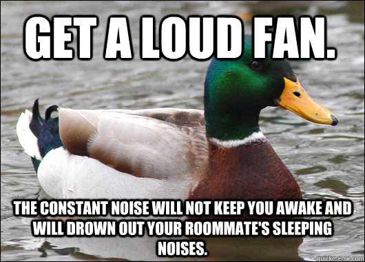 Get a loud fan. The constant noise will not keep you awake and will drown out your roommate's sleeping noises.  Actual Advice Mallard