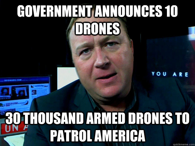 Government announces 10 drones 30 thousand armed drones to patrol america  Alex Jones Meme