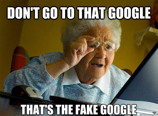 DON'T GO TO THAT GOOGLE THAT'S THE FAKE GOOGLE   Caption 5 goes here  Grandma finds the Internet