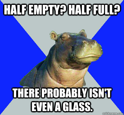 Half empty? Half full? There probably isn't even a glass. - Half empty? Half full? There probably isn't even a glass.  Skeptical Hippo