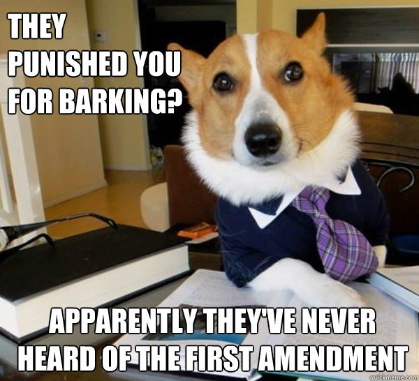 They punished you for barking? Apparently they've never heard of the First Amendment  Lawyer Dog