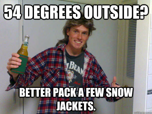 54 degrees outside? better pack a few snow jackets.  Average Australian