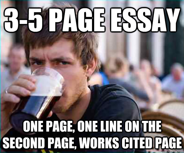 3-5 page essay one page, one line on the second page, works cited page  Lazy College Senior