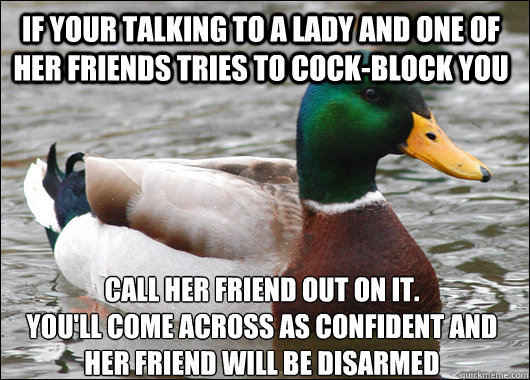 If your talking to a lady and one of her friends tries to cock-block you call her friend out on it. 
You'll come across as confident and her friend will be disarmed  Actual Advice Mallard