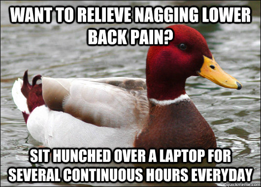 Want to relieve nagging lower back pain? Sit hunched over a laptop for several continuous hours everyday  Malicious Advice Mallard