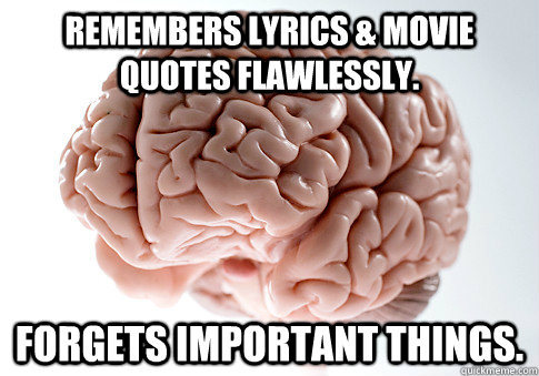 Remembers lyrics & movie quotes flawlessly. Forgets important things.  Scumbag Brain