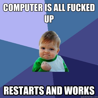 Computer is all fucked up Restarts and works  Success Kid