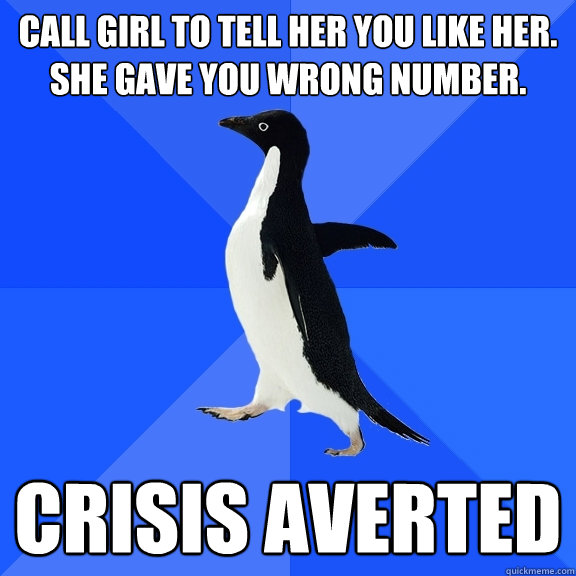 Call girl to tell her you like her. She gave you wrong number. CRISIS AVERTED  Socially Awkward Penguin