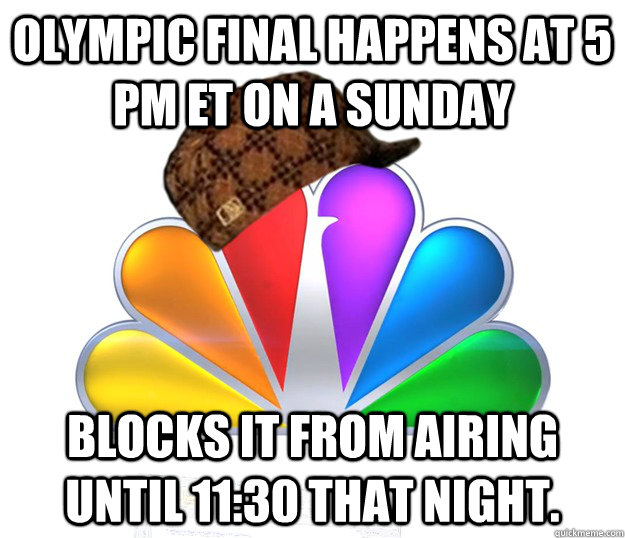 Olympic final happens at 5 PM ET on a Sunday Blocks it from airing until 11:30 that night.  Scumbag NBC nbcfail